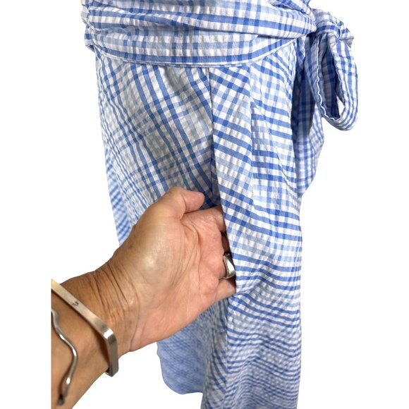 Anne Klein Dress Size 12 Seersucker Gingham Midi Sleeveless Belted Classic Blues - Picture 5 of 10